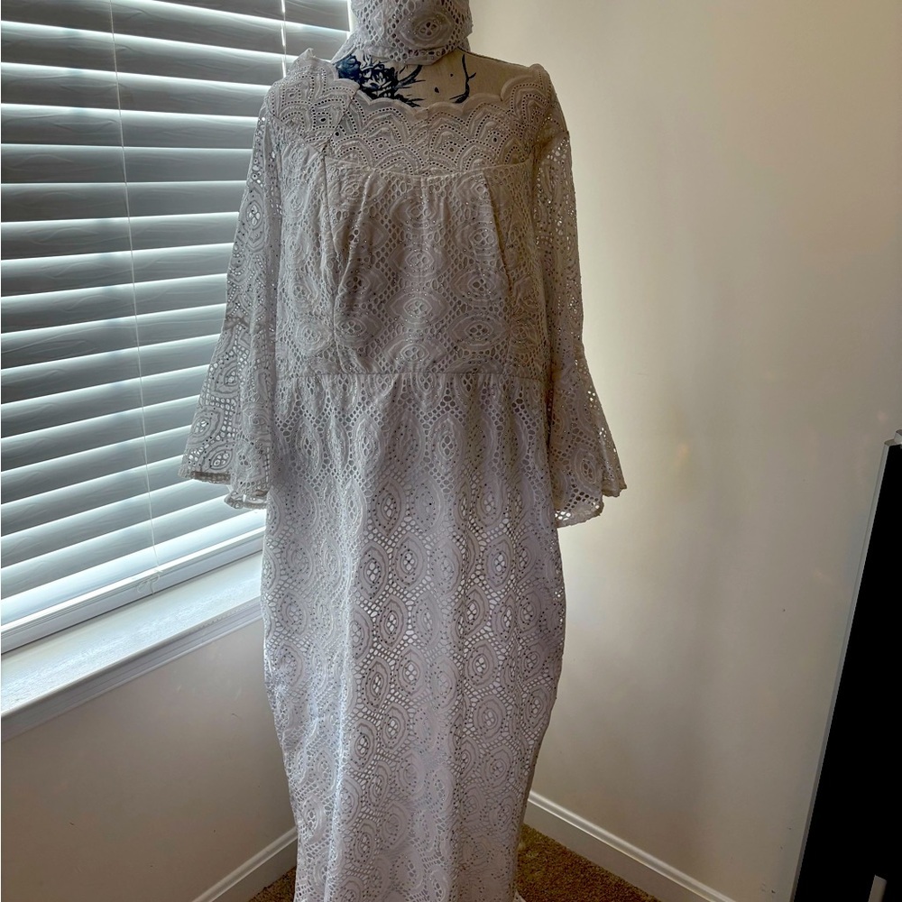Authentic White Stoned Voile Lace Long Dress Women